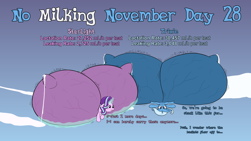 Size: 7680x4320 | Tagged: questionable, artist:wapamario63, derpibooru import, starlight glimmer, trixie, pony, unicorn, series:no milking november 2022 - starlight vs trixie, g4, big crotchboobs, breast milk, bucket, carrying, crotchboobs, dialogue, female, gradient background, horn, huge crotchboobs, hyper, hyper crotchboobs, hyper lactation, image, impossibly large crotchboobs, lactation, lactation denial, leaking, leaking milk, lying down, magic, magic aura, mare, milk, milk puddle, nipples, no milking november, nudity, on back, png, simple background, slosh, telekinesis, text, throbbing, throbbing teats, vein, veiny crotchboobs, walking