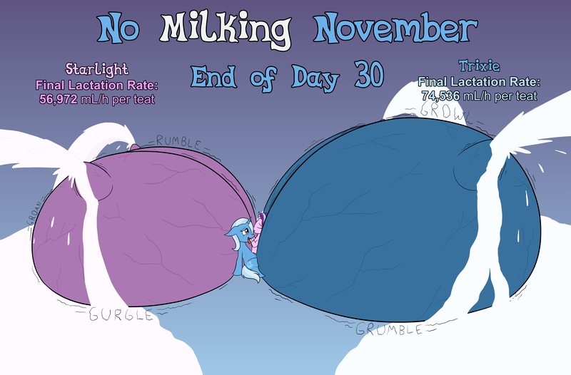 Size: 6860x4508 | Tagged: questionable, alternate version, artist:wapamario63, derpibooru import, starlight glimmer, trixie, pony, unicorn, series:no milking november 2022 - starlight vs trixie, g4, aroused, big crotchboobs, breast milk, bucket, crotchboobs, dialogue, female, gradient background, horn, huge crotchboobs, hyper, hyper crotchboobs, hyper lactation, image, impossibly large crotchboobs, lactation, lactation denial, lactation orgasm, leaking, leaking milk, leaning, leaning back, lying down, magic, magic aura, mare, milk, milk eruption, milk puddle, nipples, no milking november, nudity, on back, png, relief, simple background, sitting, slosh, text, throbbing, throbbing teats, tongue out, vein, veiny crotchboobs