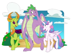 Size: 5724x4253 | Tagged: safe, artist:chub-wub, derpibooru import, princess flurry heart, spike, thorax, alicorn, changedling, changeling, dragon, pony, g4, cloud, female, folded wings, image, king thorax, male, mare, older, older flurry heart, older spike, one eye closed, open mouth, open smile, png, raised hoof, redraw, simple background, sky, smiling, transparent background, trio, winged spike, wings