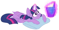 Size: 3034x1539 | Tagged: safe, artist:chub-wub, derpibooru import, twilight sparkle, twilight sparkle (alicorn), alicorn, pony, g4, adorkable, book, cute, dork, female, folded wings, glow, glowing horn, horn, image, levitation, magic, magic aura, mare, pillow, png, reading, simple background, solo, tail, telekinesis, transparent background, wings