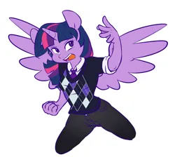 Size: 1944x1740 | Tagged: safe, artist:chub-wub, derpibooru import, part of a set, twilight sparkle, twilight sparkle (alicorn), alicorn, anthro, pony, g4, argyle, clothes, female, horn, image, jpeg, necktie, open mouth, simple background, solo, spread wings, sweater, white background, wings