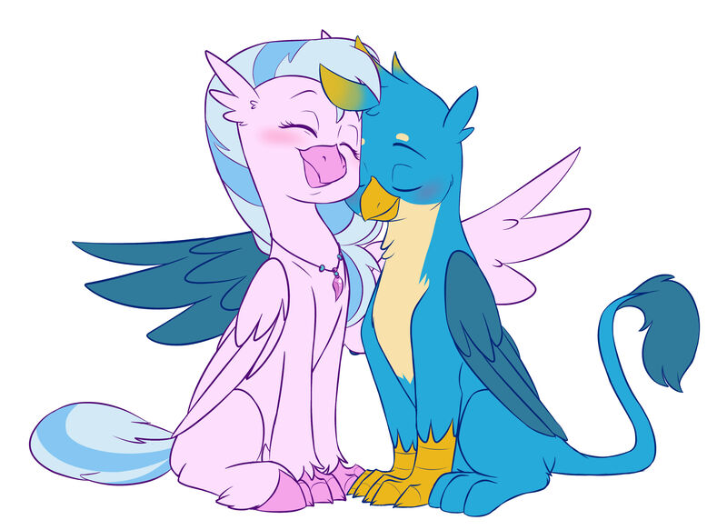 Size: 4637x3378 | Tagged: safe, artist:chub-wub, derpibooru import, gallus, silverstream, classical hippogriff, gryphon, hippogriff, g4, blushing, colored hooves, cuddling, cute, diastreamies, duo, duo male and female, eyes closed, female, folded wings, gallabetes, gallstream, hooves, hug, image, interspecies, jewelry, jpeg, male, necklace, nuzzling, shipping, simple background, sitting, smiling, straight, tail, white background, winghug, wings