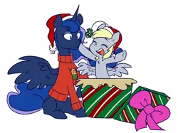 Size: 5160x3853 | Tagged: safe, artist:chub-wub, derpibooru import, derpy hooves, princess luna, alicorn, pegasus, pony, g4, blushing, boop, bow, christmas, christmas sweater, clothes, duo, duo female, eyes closed, female, hat, holiday, horn, image, jpeg, lesbian, lunaderp, mare, mistletoe, open mouth, open smile, present, santa hat, ship:lunaderp, shipping, simple background, smiling, spread wings, sweater, white background, wings