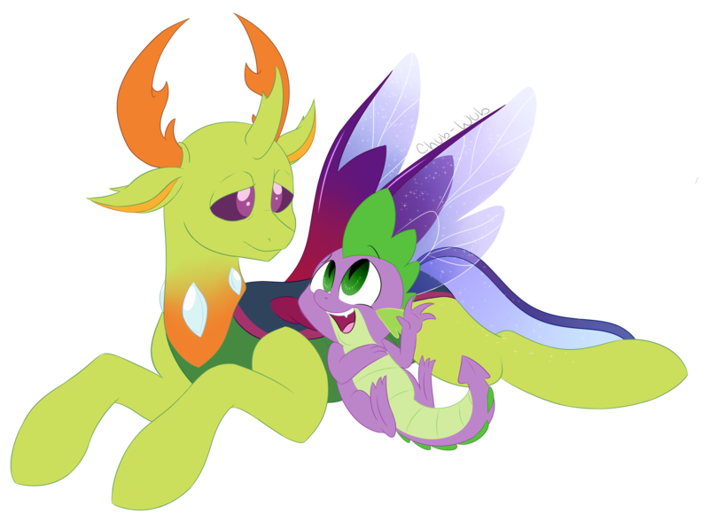 Size: 4519x3326 | Tagged: safe, artist:chub-wub, derpibooru import, spike, thorax, changedling, changeling, dragon, g4, to where and back again, duo, duo male, image, king thorax, looking at each other, looking at someone, male, my little pony, open mouth, open smile, png, simple background, smiling, smiling at each other, transparent background