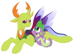 Size: 4519x3326 | Tagged: safe, artist:chub-wub, derpibooru import, spike, thorax, changedling, changeling, dragon, g4, to where and back again, duo, duo male, image, king thorax, looking at each other, looking at someone, male, my little pony, open mouth, open smile, png, simple background, smiling, smiling at each other, transparent background