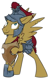 Size: 3192x5047 | Tagged: dead source, safe, artist:chub-wub, derpibooru import, flash magnus, pegasus, pony, g4, >:), armor, helmet, image, looking at you, male, netitus, png, shield, simple background, smiling, solo, spread wings, stallion, transparent background, wings