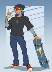 Size: 2995x4175 | Tagged: safe, artist:chub-wub, derpibooru import, rainbow dash, human, g4, alternate hairstyle, beanie, belt, bracelet, clothes, converse, denim, devil horn (gesture), dog tags, ear piercing, earring, female, grin, hat, humanized, image, jeans, jewelry, jpeg, lip piercing, masculine female, one eye closed, pants, piercing, shirt, shoes, skateboard, smiling, snake bites, solo, spiked wristband, tan skin, tomboy, wink, wristband