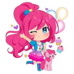 Size: 5000x5000 | Tagged: safe, artist:kittyrosie, derpibooru import, kotobukiya, pinkie pie, earth pony, human, pony, g4, ><, absurd resolution, chibi, cute, eyes closed, female, flower, heart, heart eyes, human ponidox, humanized, image, kotobukiya pinkie pie, one eye closed, open mouth, png, self paradox, self ponidox, simple background, solo, tongue out, transparent background, wingding eyes