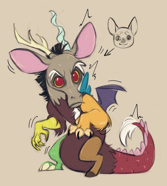 Size: 3975x4431 | Tagged: safe, artist:chub-wub, derpibooru import, discord, chihuahua, dog, draconequus, g4, arm fluff, behaving like a dog, beige background, big ears, big head, bipedal, black hair, chibi, colored claws, colored eyebrows, colored pinnae, colored sclera, colored sketch, discord is not amused, frown, high res, image, jpeg, male, mismatched horns, mismatched legs, mismatched wings, motion lines, narrowed eyes, no pupils, raised arms, red eyes, requested art, short hair, simple background, sketch, small wings, solo, spread wings, standing, unamused, wings, yellow sclera