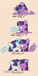 Size: 2744x5440 | Tagged: safe, artist:chub-wub, derpibooru import, rarity, twilight sparkle, twilight sparkle (alicorn), alicorn, pony, unicorn, g4, 4 panel comic, bedroom eyes, blushing, book, comic, cute, duo, duo female, eye contact, eyes closed, female, glasses, glow, glowing horn, horn, image, jpeg, kissing, lesbian, levitation, looking at each other, looking at someone, looking at something, magic, magic aura, mare, raribetes, rarilight, reading, ship:rarilight, shipping, spread wings, telekinesis, twiabetes, wingboner, wings