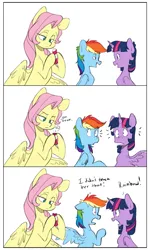 Size: 2656x4428 | Tagged: safe, artist:chub-wub, derpibooru import, fluttershy, rainbow dash, twilight sparkle, twilight sparkle (alicorn), alicorn, pegasus, pony, g4, 3 panel comic, annoyed, bad influence, comic, concave belly, female, folded wings, fuck, horn, image, jpeg, looking at each other, looking at someone, looking at something, mare, open mouth, raised hoof, shocked, shocked expression, slender, spread wings, swearyshy, talking, thin, trio, trio female, vulgar, wings