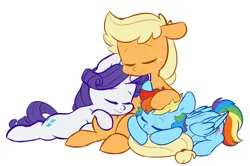 Size: 3206x2132 | Tagged: safe, artist:chub-wub, derpibooru import, applejack, rainbow dash, rarity, earth pony, pegasus, pony, unicorn, g4, appledash, backwards cutie mark, cuddle puddle, cuddling, eyes closed, female, folded wings, freckles, horn, image, jpeg, lesbian, lying down, mare, missing accessory, polyamory, pony pile, rarijack, rarijackdash, ship:raridash, shipping, simple background, sitting, sleeping, trio, trio female, white background, wings