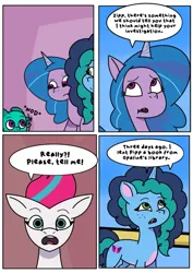 Size: 1131x1600 | Tagged: safe, artist:delilah1_riley, derpibooru import, izzy moonbow, sparky sparkeroni, zipp storm, dragon, pegasus, pony, unicorn, comic:pipp the poltergeist, fanfic:pipp the poltergeist, g5, my little pony: tell your tale, baby, baby dragon, comic, commission, dialogue, fanfic art, female, horn, image, implied opaline arcana, implied pipp petals, jpeg, male, mare, misty brightdawn, outdoors