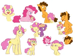 Size: 6000x4500 | Tagged: safe, artist:chub-wub, derpibooru import, cheese sandwich, li'l cheese, little mac, pinkie pie, earth pony, pony, g4, season 9, the last problem, spoiler:s09, age progression, alternate hairstyle, baby, baby pony, colt, eyes closed, father and child, father and son, female, foal, glasses, green eyes, hairband, happy, image, jpeg, male, mama pinkie, mare, mother and child, mother and son, my little pony, offspring, older, open mouth, open smile, parent:cheese sandwich, parent:pinkie pie, parents:cheesepie, simple background, sitting, smiling, squint, stallion, trio, white background