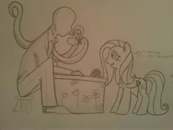 Size: 3264x2448 | Tagged: safe, artist:chub-wub, derpibooru import, fluttershy, pegasus, pony, g4, cookie, folded wings, food, image, jpeg, monochrome, slenderman, stool, tea, tea party, traditional art, wings