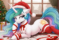 Size: 2104x1440 | Tagged: safe, ai content, derpibooru import, generator:zoinksnoob, machine learning generated, princess celestia, alicorn, pony, butt, chest fluff, christmas, christmas tree, clothes, ear fluff, eyebrows, eyebrows visible through hair, female, grin, hat, holiday, hoof on chin, image, indoors, jpeg, looking sideways, lying down, mare, present, prompter:siber, prone, raised eyebrow, ribbon, santa hat, smiling, socks, solo, sunbutt, thigh highs, tree, window