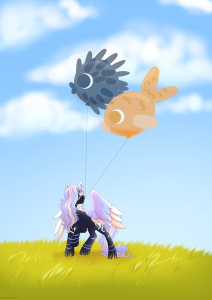 Size: 764x1080 | Tagged: safe, artist:jjsh, derpibooru import, oc, unofficial characters only, pegasus, pony, balloon, cloud, cloudy, cute, female, fluffy mane, grass, holding, image, jpeg, long tail, looking at something, looking up, mare, mouth hold, raised hoof, sky, smiling, solo, tail, walking, wings