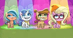 Size: 1080x566 | Tagged: safe, derpibooru import, screencap, buttershy, fancypants, earth pony, pegasus, pony, unicorn, g4, my little pony: pony life, desert weave, female, horn, image, jpeg, male, mare, orange zest, smiling, sportacular spectacular musical musak-ular, stallion