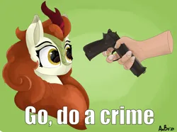 Size: 3899x2895 | Tagged: safe, artist:aubs, derpibooru import, autumn blaze, kirin, g4, disembodied hand, gun, hand, handgun, image, newbie artist training grounds, pistol, png, weapon