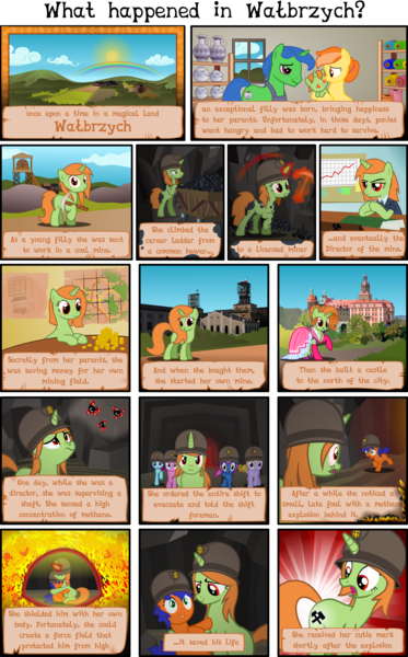 Size: 4844x7785 | Tagged: safe, artist:deyrasd, derpibooru import, oc, oc:coalminer, pony, unicorn, absurd resolution, clothes, comic, dress, female, filly, foal, hard hat, hat, horn, image, magic, male, mare, pickaxe, png, poland, stallion