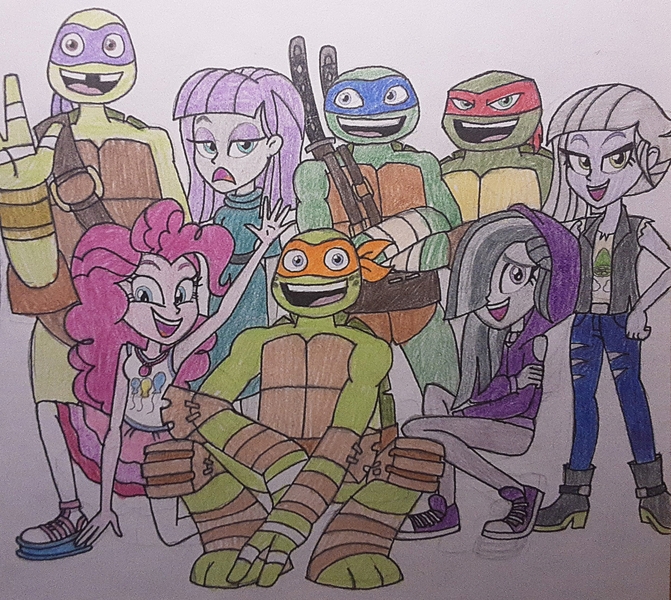 Size: 1569x1404 | Tagged: safe, artist:jebens1, artist:rjp.rammy, derpibooru import, limestone pie, marble pie, maud pie, pinkie pie, equestria girls, g4, donatello, female, image, jpeg, leonardo, michelangelo, pie sisters, raphael, siblings, sisters, teenage mutant ninja turtles