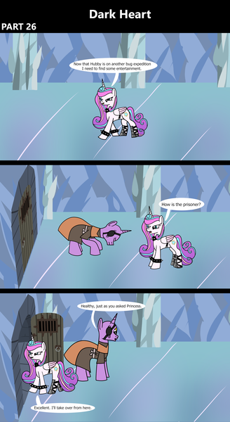 Size: 1920x3516 | Tagged: safe, artist:platinumdrop, derpibooru import, princess flurry heart, oc, alicorn, pony, unicorn, comic:dark heart, g4, 3 panel comic, alternate timeline, armor, bowing, bracelet, clothes, collar, comic, commission, crystal, crystal castle, crystal empire, dark crystal, dialogue, duo, duo male and female, evil, evil flurry heart, eye scar, eyepatch, facial scar, female, folded wings, hallway, horn, image, indoors, looking at each other, looking at someone, male, mare, older, older flurry heart, png, robe, scar, smiling, smug, smug smile, speech bubble, spiked collar, spiked wristband, stallion, this will not end well, victorious villain, walking, wings, wristband