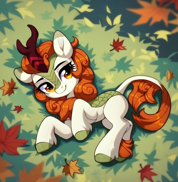 Size: 988x1012 | Tagged: safe, ai content, derpibooru import, machine learning generated, prompter:victorianik, stable diffusion, autumn blaze, kirin, pony, g4, autumn, female, generator:purplesmart.ai, grass, horn, image, jpeg, leaf, looking at something, mare, smiling, smiling at something, solo