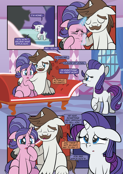 Size: 1920x2715 | Tagged: safe, artist:alexdti, derpibooru import, cookie crumbles, hondo flanks, rarity, pony, unicorn, comic:how we met, g4, couch, crying, female, filly, filly rarity, floppy ears, horn, image, implied death, male, mare, png, pregnant, stallion, younger