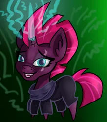 Size: 945x1080 | Tagged: safe, artist:jbond, derpibooru import, fizzlepop berrytwist, tempest shadow, pony, unicorn, g4, broken horn, cape, chibi, clothes, cute, eye scar, facial scar, female, green background, horn, image, lightning, mare, open mouth, png, scar, simple background, solo, tempestbetes