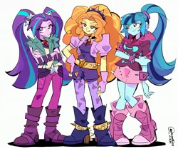 Size: 3193x2675 | Tagged: safe, artist:arrcticc_fish, derpibooru import, adagio dazzle, aria blaze, sonata dusk, human, equestria girls, g4, belt, boots, bracelet, clothes, crossed arms, denim, female, fingerless gloves, gem, gloves, grin, high heels, image, jeans, jpeg, leggings, pants, ponytail, shirt, shoes, shorts, simple background, siren gem, skirt, smiling, spiked wristband, the dazzlings, trio, white background, wristband