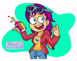 Size: 535x427 | Tagged: safe, artist:garybaldor, derpibooru import, sunny starscout, human, equestria girls, g4, g5, clothes, cutie mark, cutie mark on clothes, denim, drink, equestria girls-ified, female, g5 to equestria girls, g5 to g4, generation leap, hoodie, image, jeans, jpeg, pants, signature, smiling, smoothie, solo, sunglasses