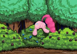 Size: 1316x928 | Tagged: safe, artist:ruanshi, derpibooru import, pinkie pie, pony, g4, bush, butt, digital art, feral, forest, image, my little pony, nature, pixel art, png, stuck, tree