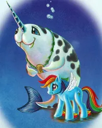 Size: 1476x1845 | Tagged: safe, artist:mary jane begin, derpibooru import, nar wally, rainbow dash, narwhal, pegasus, pony, g4, duo, female, fins, gills, image, jpeg, male, mare, my little pony: under the sparkling sea, scan, smiling, spread wings, underwater, water, wings