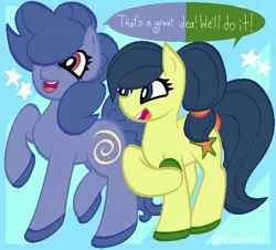 Size: 639x578 | Tagged: safe, artist:kharmacal, derpibooru import, star bucks, unnamed character, unnamed pony, pony, comic:a bright idea, g4, caption, comic, duo, emanata, image, image macro, passepartout, png, redesign, speech bubble, stars, striped background, text