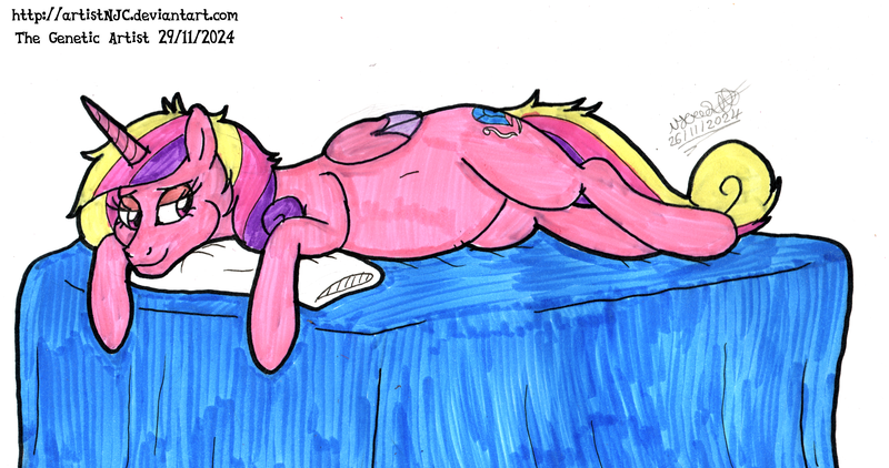 Size: 4433x2337 | Tagged: safe, artist:artistnjc, derpibooru import, princess cadance, alicorn, pony, g4, bed, bed hair, belly, belly button, image, laying on bed, lying down, on bed, pillow, png, pregdance, pregnant, relaxing, round belly, simple background, sleepy, smiling, solo, traditional art