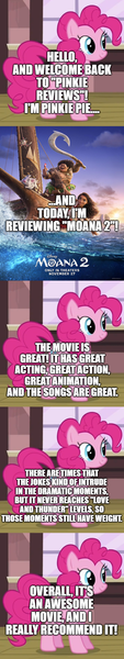 Size: 500x2663 | Tagged: safe, derpibooru import, edit, edited screencap, screencap, pinkie pie, comic:pinkie reviews, comic, image, moana, movie review, png, screencap comic