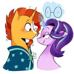 Size: 2000x2000 | Tagged: artist needed, source needed, safe, derpibooru import, starlight glimmer, sunburst, pony, unicorn, g4, duo, duo male and female, female, glasses, horn, image, jpeg, looking at each other, looking at someone, male, mare, original art, shipping, simple background, stallion, starburst, straight, white background