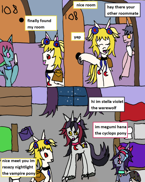 Size: 1256x1581 | Tagged: safe, artist:ask-luciavampire, derpibooru import, oc, oc:megumi hana, oc:rasazy nightlight, oc:stella violet, cat, cat pony, original species, undead, vampire, vampony, werewolf, wolf, wolf pony, academy, comic, dorm room, image, png, yellow mane