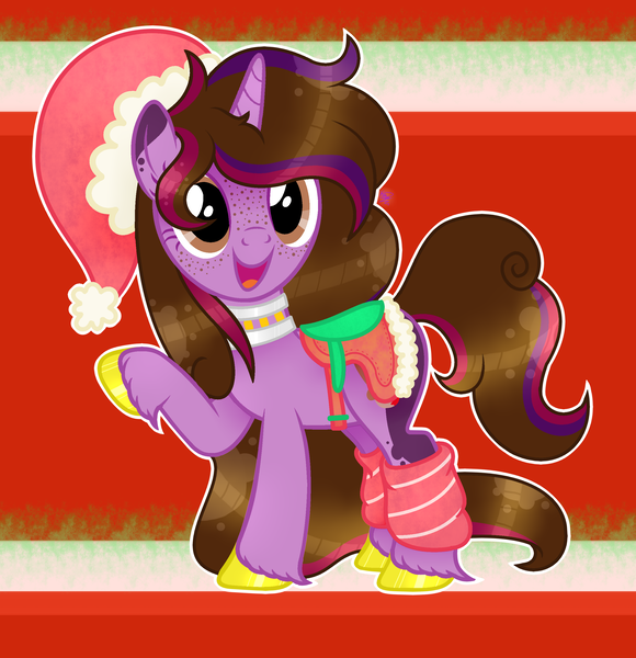 Size: 2616x2708 | Tagged: safe, artist:kathepart, derpibooru import, oc, oc:kathepaint, unicorn, base used, christmas, clothes, collar, freckles, hat, holiday, horn, image, png, saddle, santa hat, socks, solo, tack