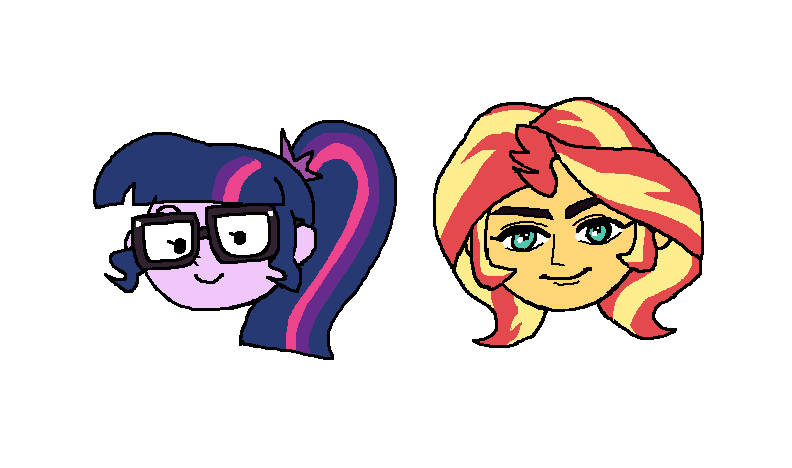 Size: 792x468 | Tagged: safe, artist:cheesesauce_45, derpibooru import, sci-twi, sunset shimmer, twilight sparkle, human, equestria girls, g4, colored, disembodied head, dot eyes, duo, duo female, female, flat colors, floating head, glasses, hair tie, head only, image, looking at you, pixel-crisp art, png, ponytail, simple background, smiling, smiling at you, square glasses, staring into your soul, straight mane, three toned hair, tied hair, two toned hair, white background