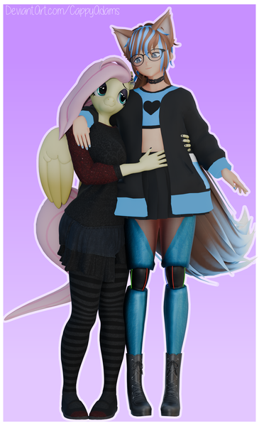 Size: 2339x3840 | Tagged: safe, artist:cappyadams, derpibooru import, fluttershy, oc, oc:arnas atakiyo (cappyadams), anthro, plantigrade anthro, 3d, blender, blender eevee, canon x oc, clothes, duo, goth, gradient background, image, neko, png, ship:shytakiyo, shipping