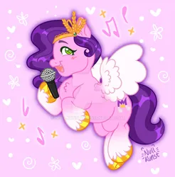 Size: 1280x1303 | Tagged: safe, artist:nullkunst, artist:nullkunstt, derpibooru import, pipp petals, pegasus, pony, g5, blush scribble, blushing, deviantart watermark, female, flying, image, jpeg, mare, microphone, music notes, obtrusive watermark, signature, singing, solo, watermark