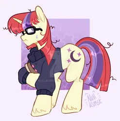 Size: 1024x1038 | Tagged: safe, artist:nullkunst, artist:nullkunstt, derpibooru import, moondancer, pony, unicorn, g4, book, clothes, deviantart watermark, female, frazzled hair, glasses, hoof hold, horn, image, jpeg, mare, obtrusive watermark, passepartout, signature, solo, sweat, sweatdrop, sweater, watermark