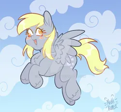 Size: 1024x947 | Tagged: safe, artist:nullkunst, artist:nullkunstt, derpibooru import, derpy hooves, pegasus, pony, g4, blush scribble, blushing, cloud, deviantart watermark, female, flying, image, jpeg, mare, obtrusive watermark, open mouth, open smile, signature, sky, smiling, solo, watermark