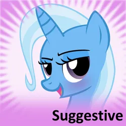 Size: 1024x1024 | Tagged: safe, derpibooru import, trixie, pony, unicorn, derpibooru, twibooru, g4, bedroom eyes, blushing, bust, eyebrows, female, horn, image, looking at you, lowres, mare, meta, meta:suggestive, official spoiler image, open mouth, open smile, png, portrait, smiling, smiling at you, solo, spoiler image, spoilered image joke, text