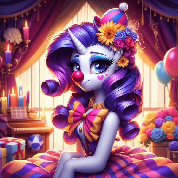 Size: 1024x1024 | Tagged: safe, ai content, derpibooru import, machine learning generated, prompter:heydude5321, rarity, anthro, pony, unicorn, g4, arm hooves, balloon, bowtie, candle, clothes, clown, clown nose, curtains, female, flower, flower in hair, generator:bing image creator, generator:dall-e 3, hat, horn, image, indoors, jpeg, mare, musical instrument, piano, red nose, solo