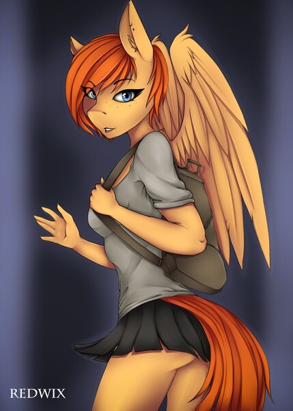 Size: 1920x2688 | Tagged: questionable, artist:redwix, derpibooru import, oc, unofficial characters only, anthro, pegasus, anthro oc, bag, blouse, blue eyes, butt, clothes, female, female oc, handbag, image, jpeg, looking back, miniskirt, orange hair, pegasus oc, skirt, solo, solo female, wings