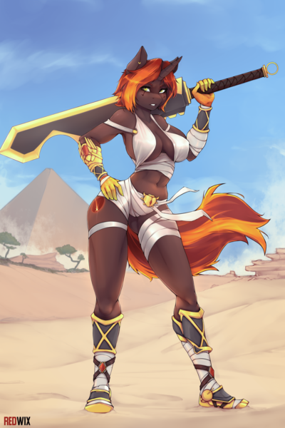 Size: 1920x2880 | Tagged: questionable, artist:redwix, derpibooru import, oc, unofficial characters only, anthro, unicorn, anthro oc, armor, belly, belly button, boots, breasts, cleavage, clothes, desert, ear piercing, egyptian, facial markings, female, female oc, hand on hip, horn, image, looking at you, piercing, png, pyramid, scarab, shoes, sky, solo, solo female, sword, tail, tree, unconvincing armor, unicorn oc, weapon, windswept tail, yellow eyes