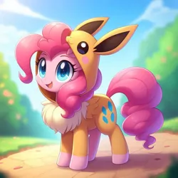 Size: 1024x1024 | Tagged: safe, ai content, derpibooru import, machine learning generated, prompter:bluey2309, pinkie pie, earth pony, eevee, clothes, costume, female, image, png, pokémon