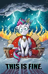 Size: 780x1180 | Tagged: safe, artist:andy price, derpibooru import, idw, official, zipp storm, pegasus, pony, g5, comic, comic cover, cover, cover art, crown, fire, floppy ears, image, jewelry, jpeg, lightning, meme, my little pony: the storm of zephyr heights, official comic, queen zipp storm, regalia, snow, snowfall, storm, the storm of zephyr heights #1, this is fine, throne, weather